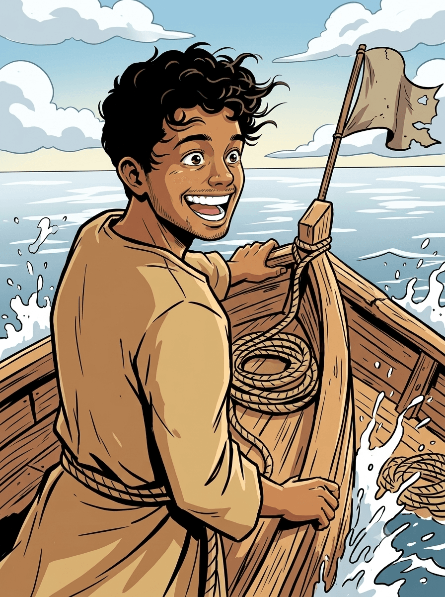 A lone illustrated figure standing at the bow of a small boat, original nautical adventure art
