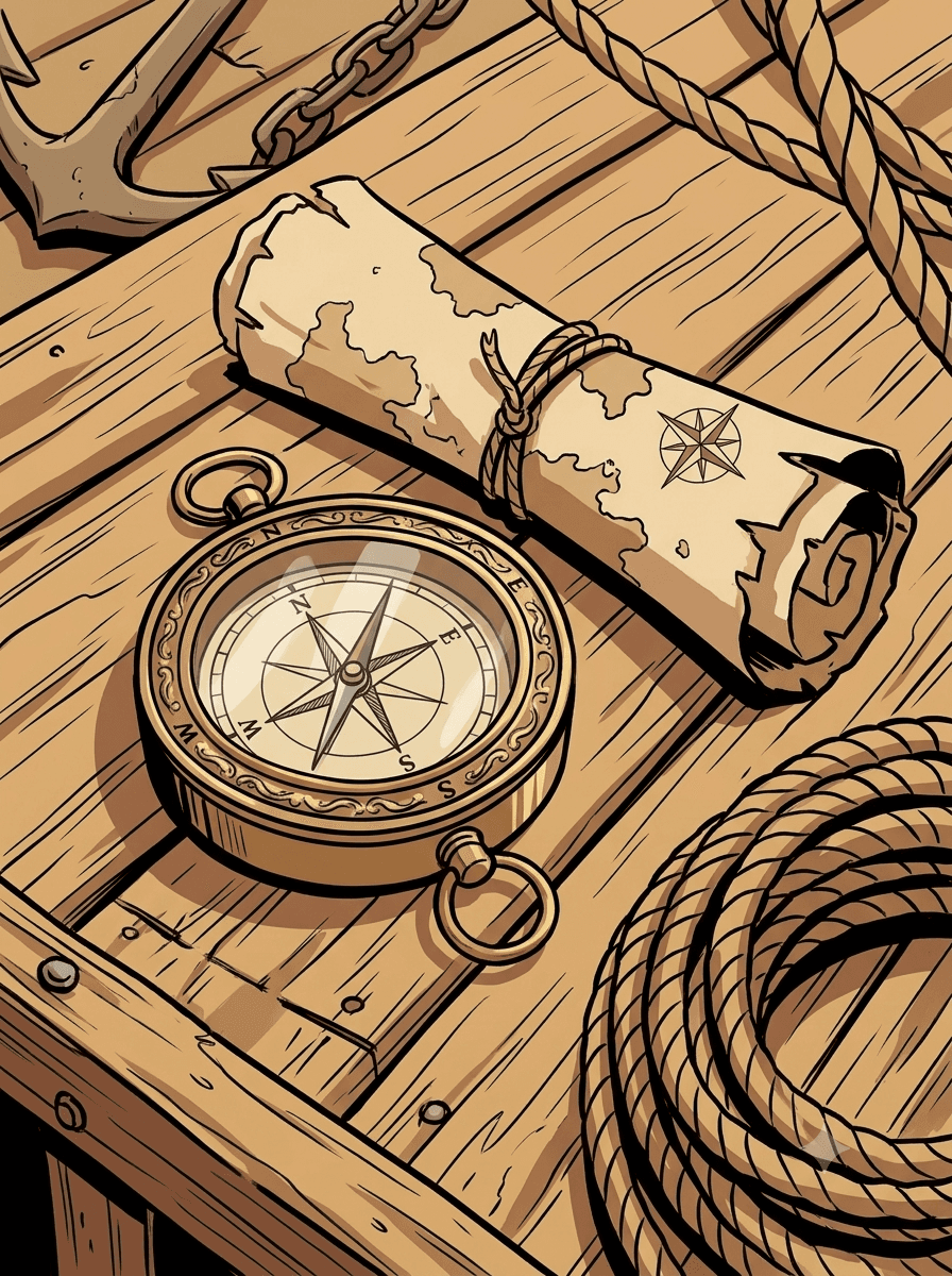An illustrated compass and rolled map on weathered wood, original nautical adventure art