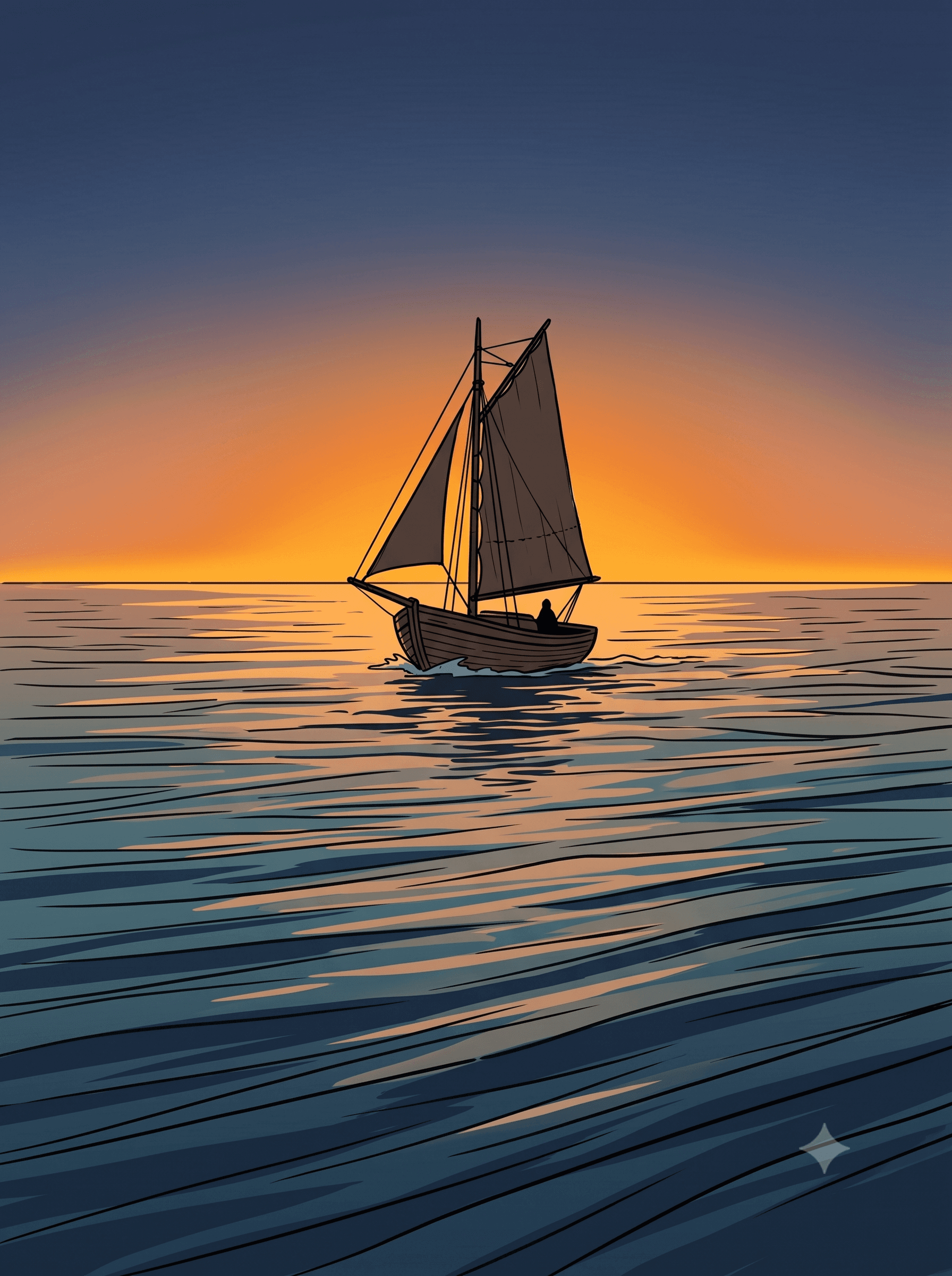 A small boat sailing toward a distant horizon, original nautical adventure art