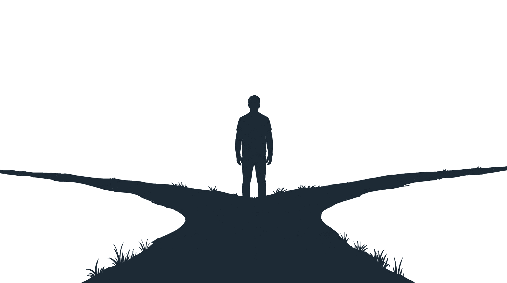 A high-contrast ink-silhouette figure at a crossroads, the mid layer